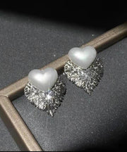 Stylish Silk Metal Zircon Love Pearl Stud Earrings