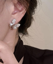 Stylish Silk Sterling Silver Zircon Butterfly Stud Earrings