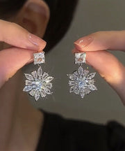 Stylish Silk Sterling Silver Zircon Snowflake Drop Earrings