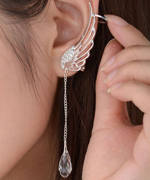 Stylish Silver Color Angel Wings Crystal Metal Tassel Drop Earrings