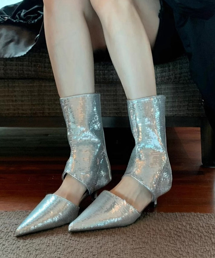 Stylish Silver Sequins Hollow Out Pointed Toe Sandals Boots
