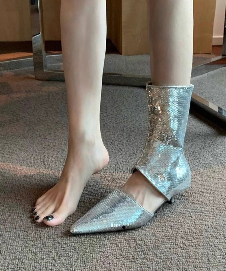 Stylish Silver Sequins Hollow Out Pointed Toe Sandals Boots