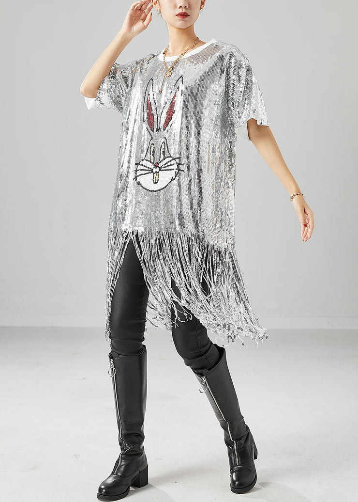 Stylish Silver Sequins Tasseled Rabbit Beach Vest Summer