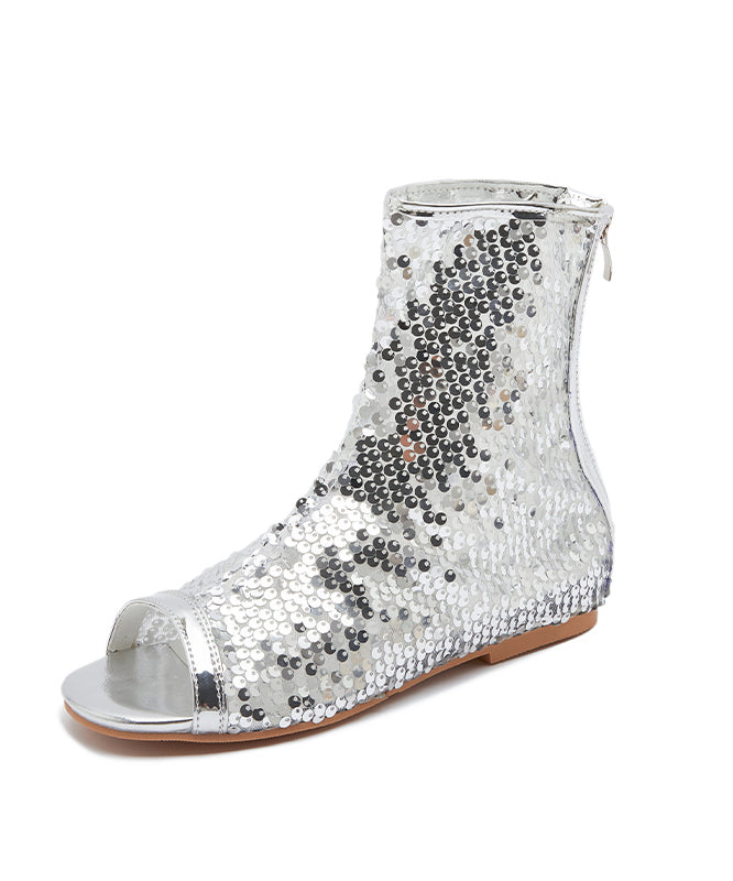 Stylish Silver Splicing Zippered Sequins Boots Peep Toe