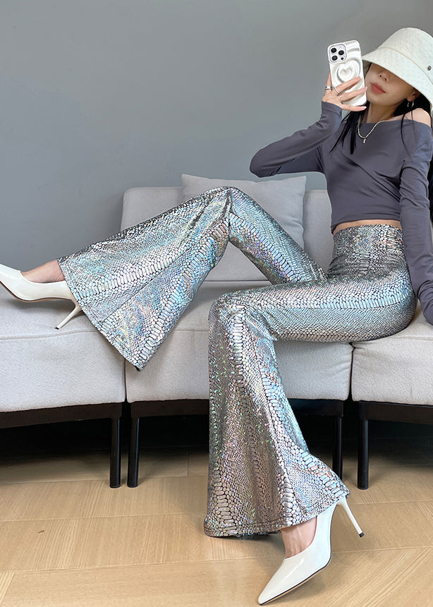 Stylish Silvery Serpentine Tummy Control Flared Trousers Spring