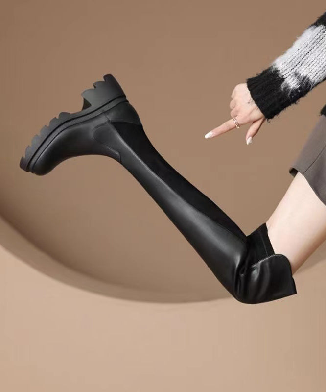 Stylish Splicing Chunky Thigh Boots Black Faux Leather