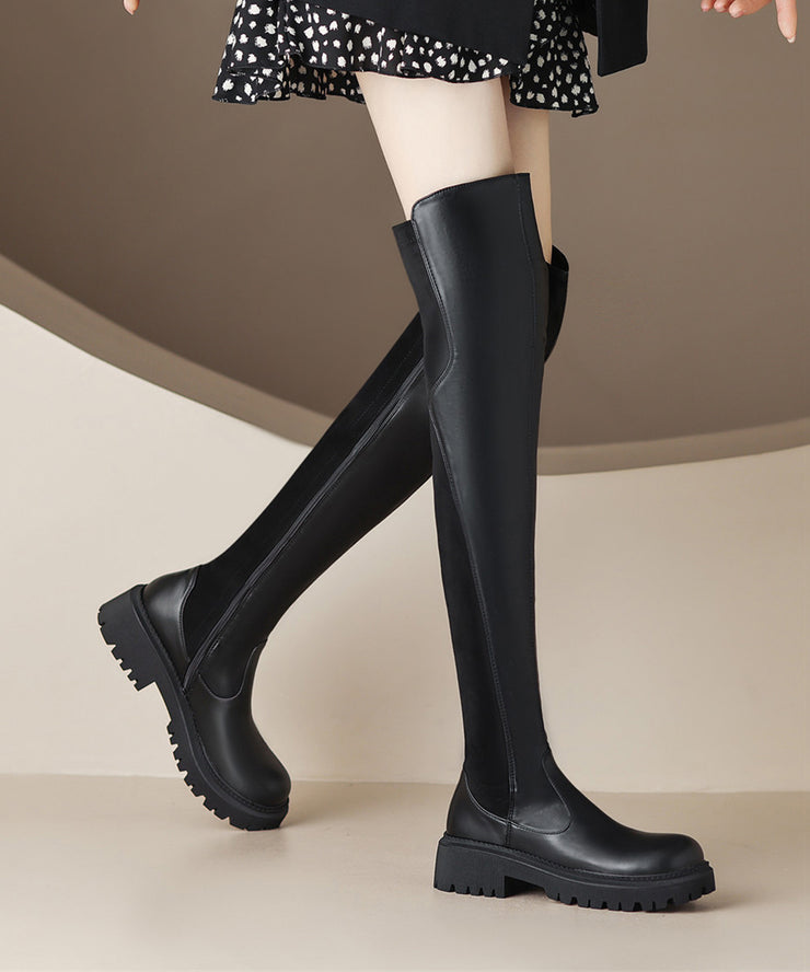 Stylish Splicing Chunky Thigh Boots Black Faux Leather