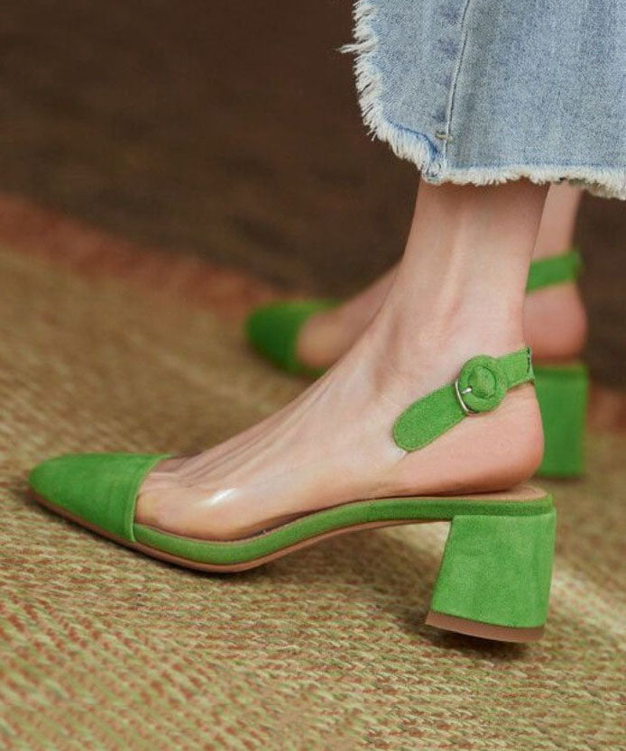 Stylish Splicing Clear Chunky High Heels Green Velour