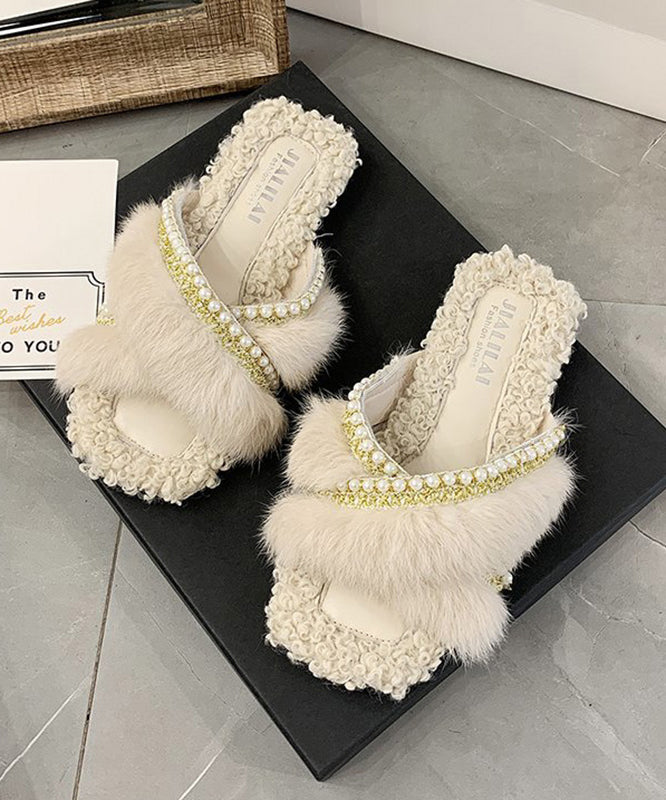 Stylish Splicing Fuzzy Fur Slippers Shoes Brown Nail Bead