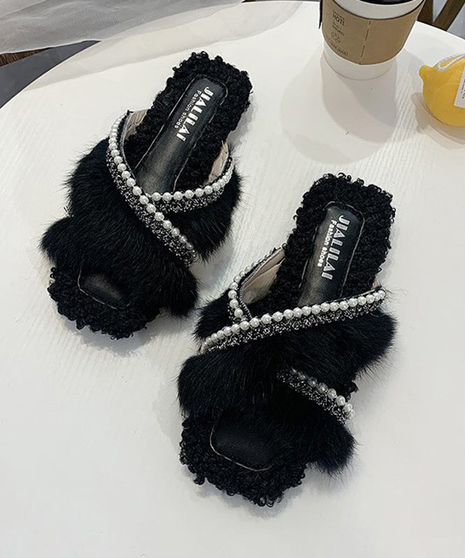 Stylish Splicing Fuzzy Fur Slippers Shoes Brown Nail Bead