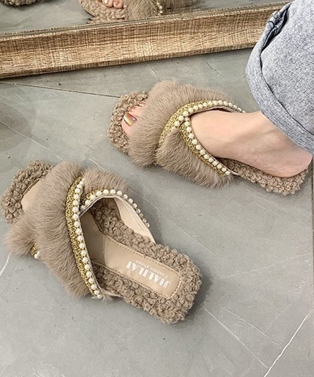 Stylish Splicing Fuzzy Fur Slippers Shoes Brown Nail Bead