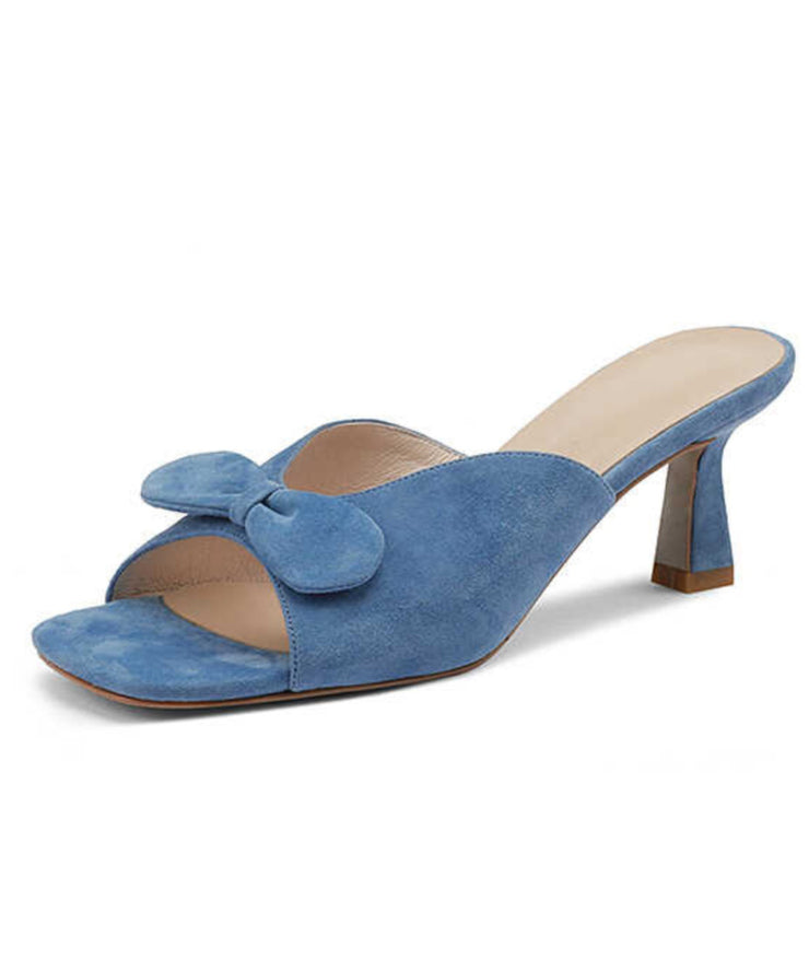 Stylish Splicing High Heel Blue Suede Slide Sandals Bow Peep Toe