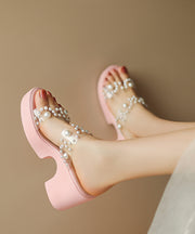 Stylish Splicing Platform Pink Slide Sandals Nail Bead