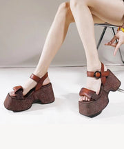 Stylish Splicing Platform Sandals Brown Cowhide Leather Peep Toe