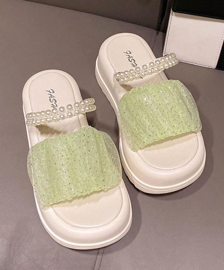 Stylish Splicing Platform Slide Sandals Peep Toe Green Tulle Nail Bead