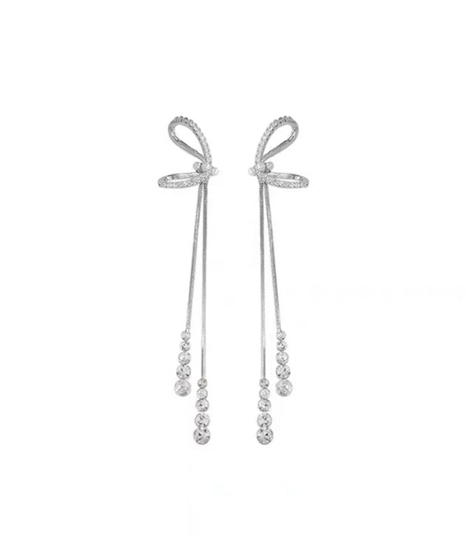Stylish Sterling Silver Bow Tassel Drop Earrings