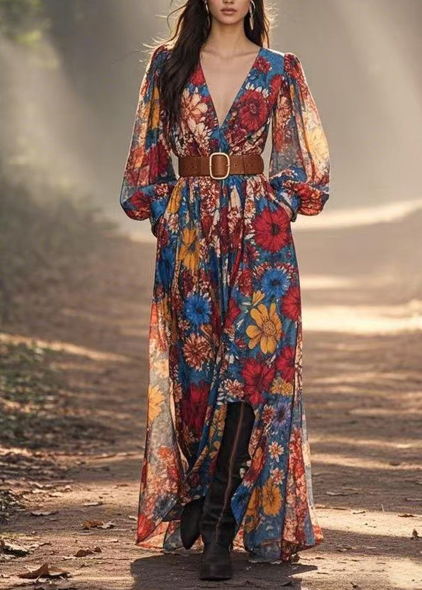 Stylish V Neck Print Chiffon Maxi Dress Spring