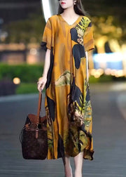 Stylish V Neck Print Vacation Silk Dresses Short Sleeve