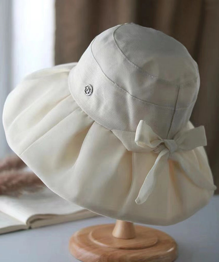 Stylish Versatile Beige Bow Wrinkled Bucket Hat