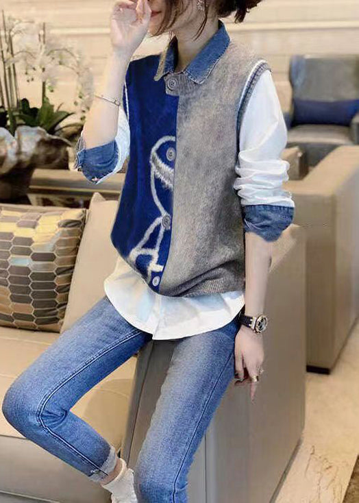 Stylish Vest Denim Patchwork Shirt Autumn New Casual Two-Piece Set