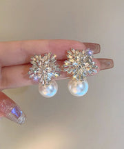 Stylish White Alloy Pearl Zircon Floral Stud Earrings