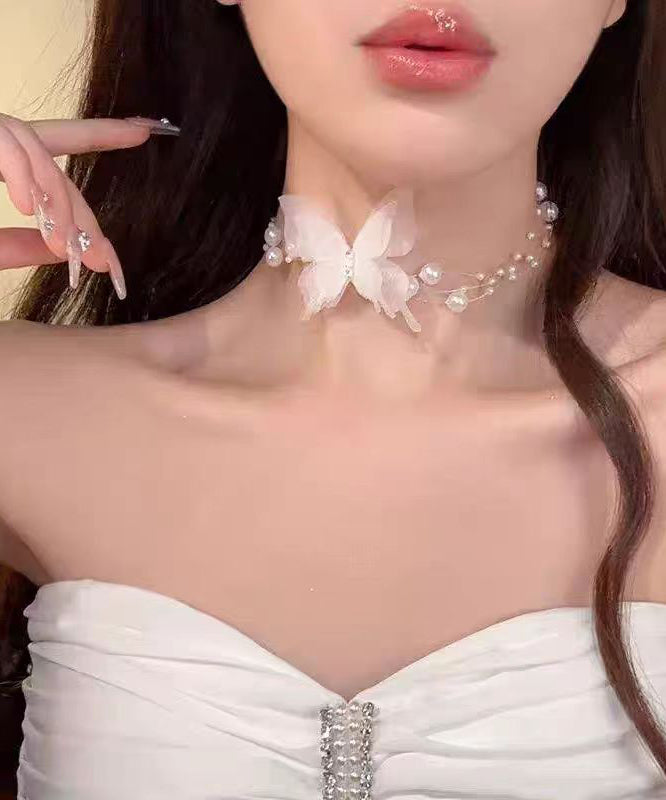 Stylish White Alloy Zircon Pearl Butterfly Necklace