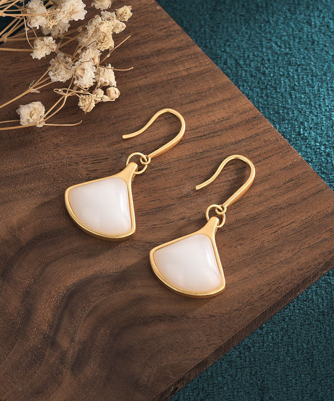 Stylish White Ancient Gold Jade Fan Shaped Drop Earrings