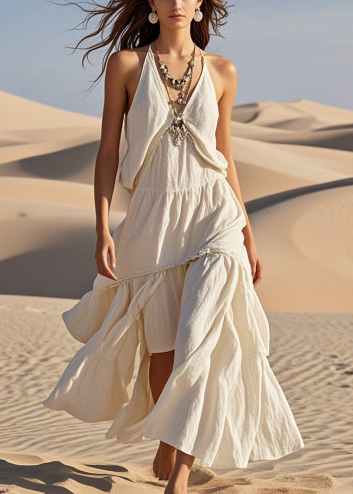 Stylish White Asymmetrical Design Cotton Halter Dress Summer