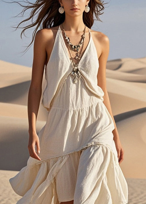 Stylish White Asymmetrical Design Cotton Halter Dress Summer