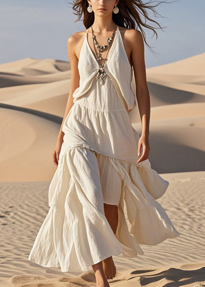 Stylish White Asymmetrical Design Cotton Halter Dress Summer