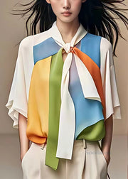 Stylish White Bow Patchwork Chiffon Shirt Half Sleeve