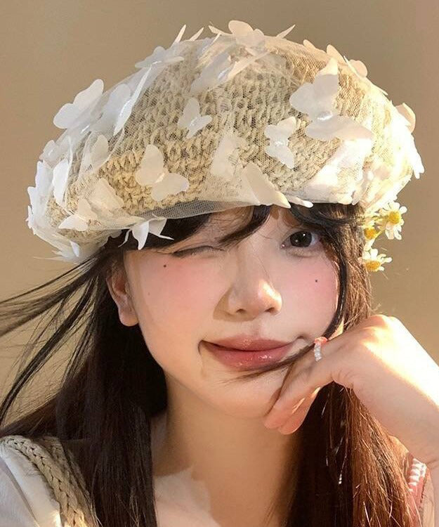 Stylish White Butterfly Tulle Straw Woven Beret Hat