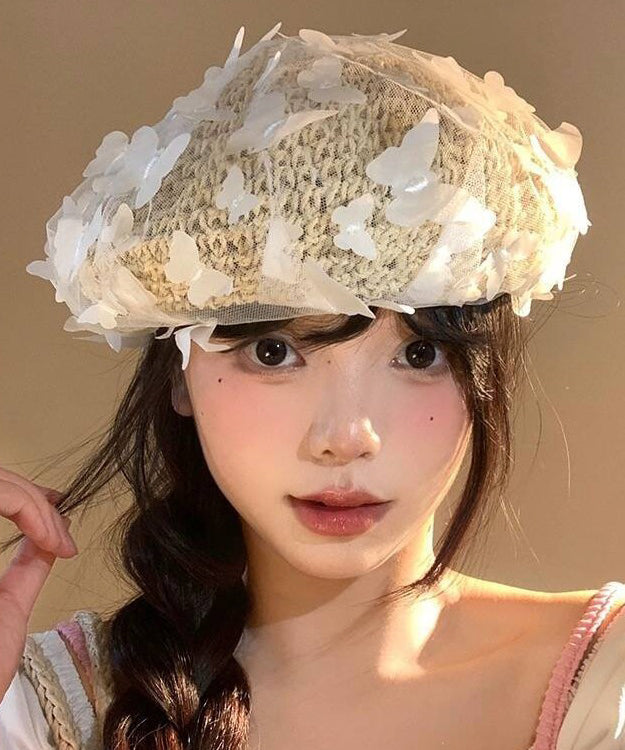 Stylish White Butterfly Tulle Straw Woven Beret Hat