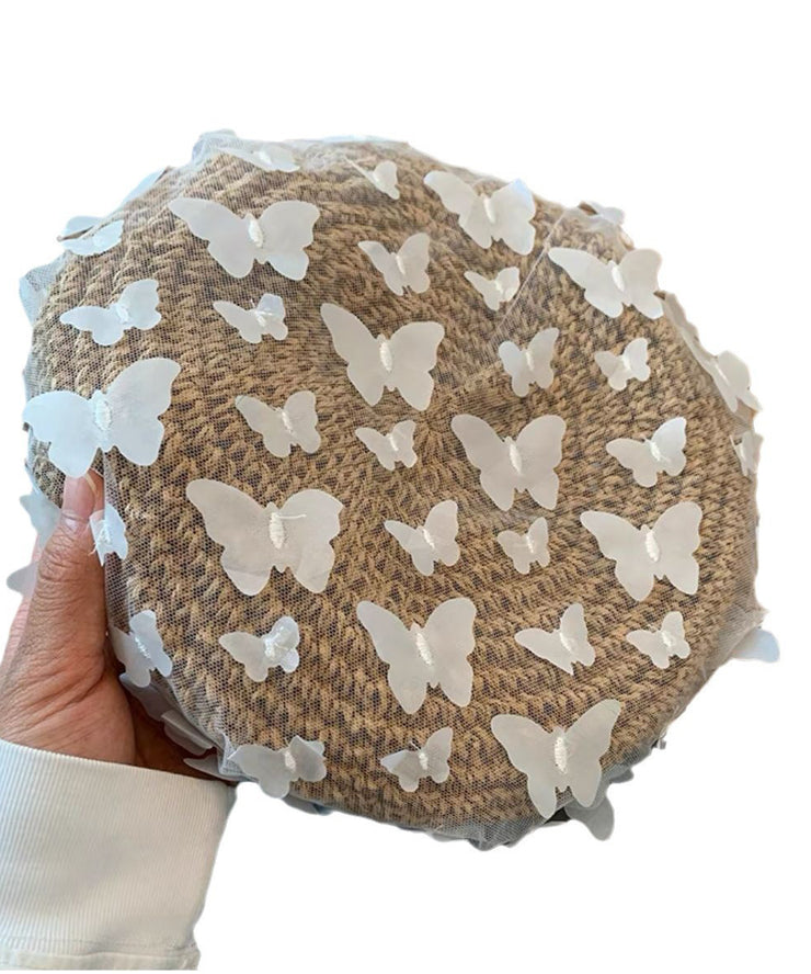 Stylish White Butterfly Tulle Straw Woven Beret Hat