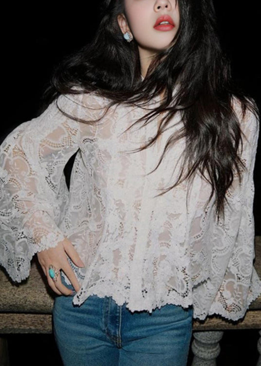 Stylish White Button Hollow Out Lace Blouses Flare Sleeve