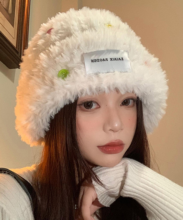 Stylish White Button Warm Fuzzy Fur Fluffy Bonnie Hat