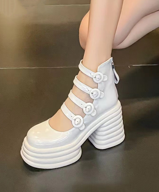 Stylish White Chunky Heel Cowhide Leather Comfortable Sandals