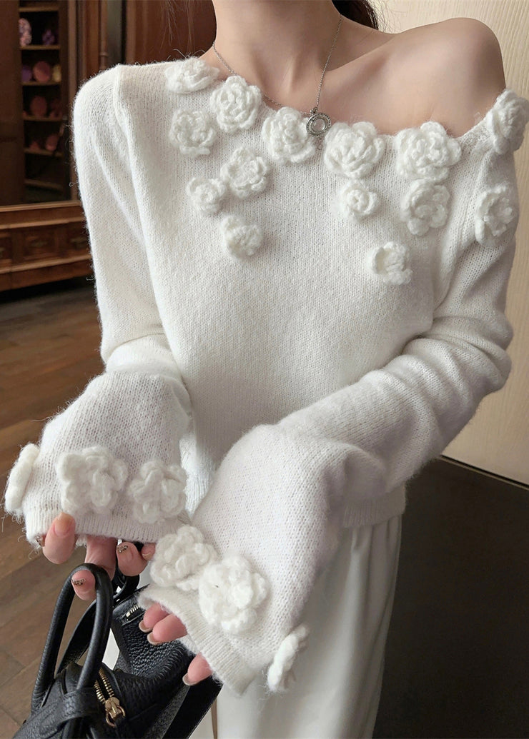 Stylish White Cold Shoulder Solid Knit Sweater Spring