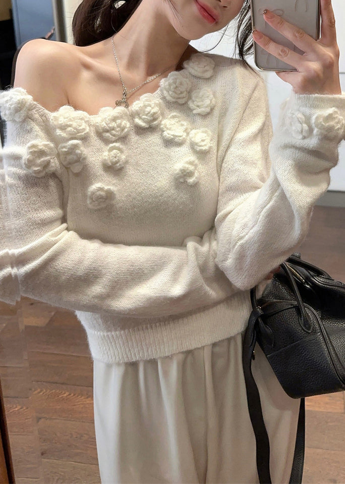 Stylish White Cold Shoulder Solid Knit Sweater Spring