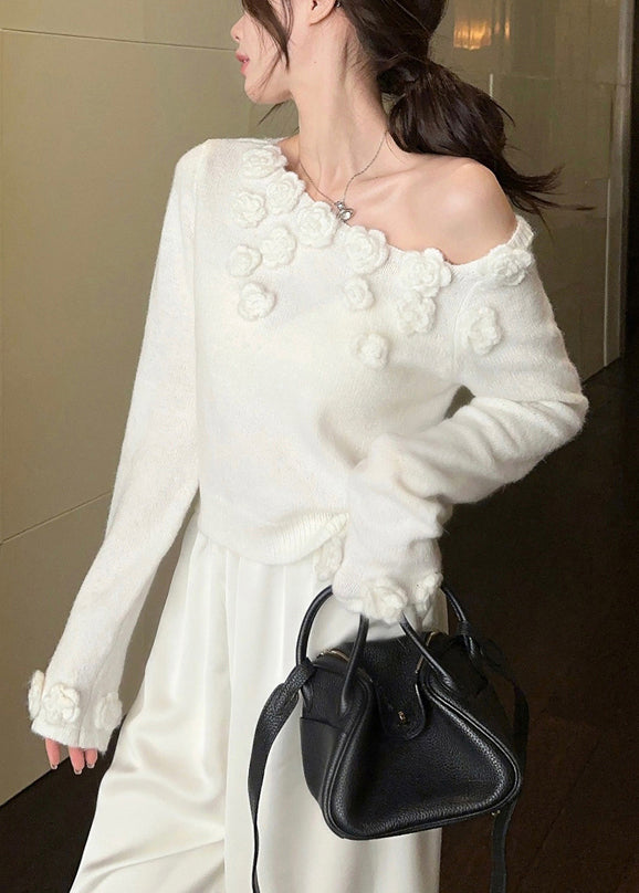 Stylish White Cold Shoulder Solid Knit Sweater Spring