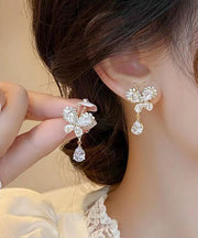 Stylish White Copper Alloy Zircon Butterfly Tassel Drop Earrings