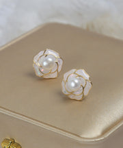 Stylish White Copper Overgild Pearl Shell Camellia Flower Stud Earrings