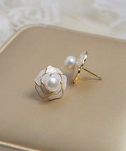 Stylish White Copper Overgild Pearl Shell Camellia Flower Stud Earrings