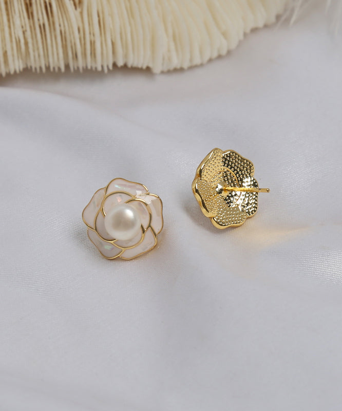 Stylish White Copper Overgild Pearl Shell Camellia Flower Stud Earrings