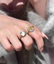 Stylish White Copper Overgild Zircon Egg Shaped Rings