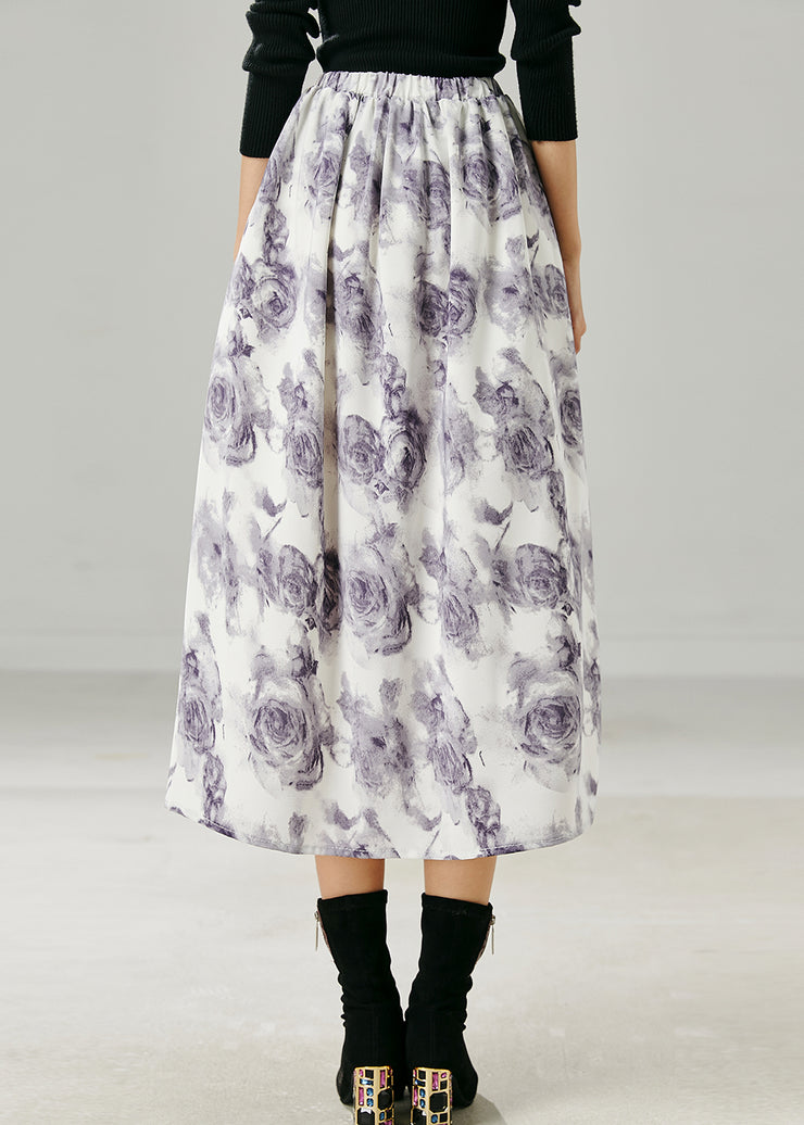 Stylish White Elastic Waist Floral Print Chiffon Skirt Summer