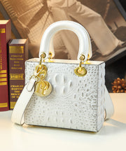 Stylish White Embossed Solid Durable Calf Leather Tote Handbag