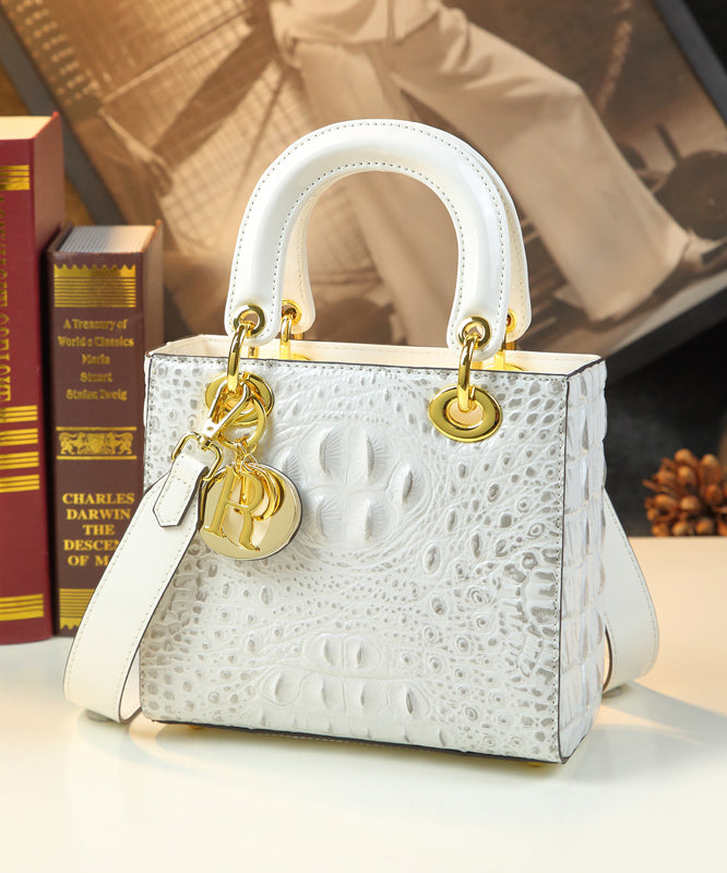 Stylish White Embossed Solid Durable Calf Leather Tote Handbag