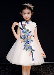 Stylish White Embroideried Button Tulle Girls Long Dress Summer