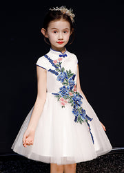 Stylish White Embroideried Button Tulle Girls Long Dress Summer